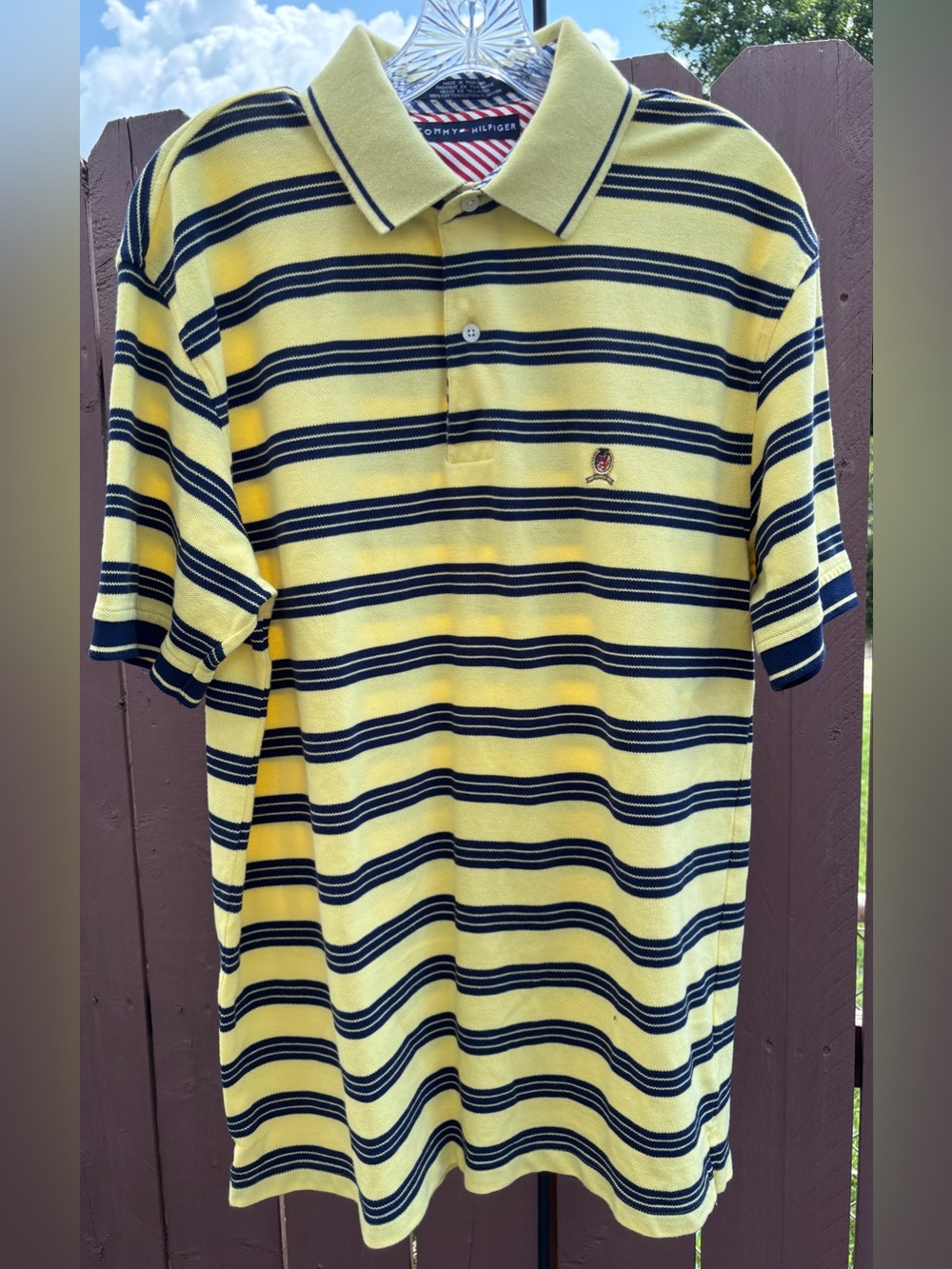 Vintage Tommy Hilfiger Men’s Yellow & Navy Striped Polo Shirt